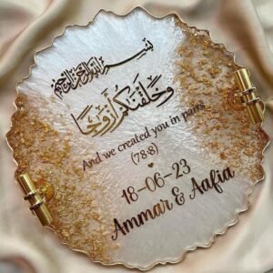 Handmade personalized Nikah frame with elegant resin art design, customized names and wedding details by ResinByFay.